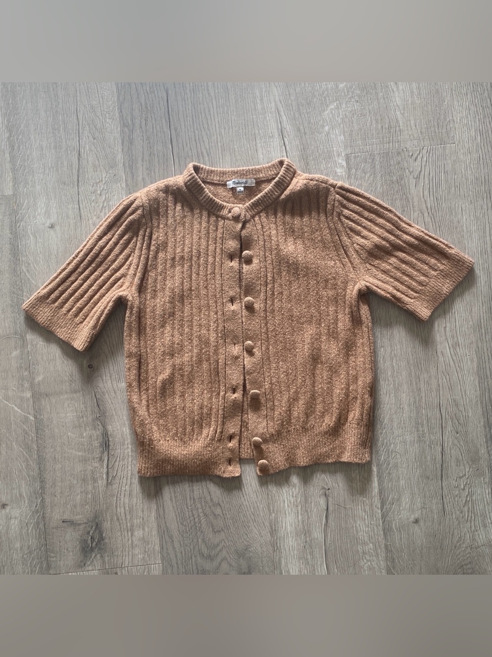 Madewell Women's Short-Sleeve Ribbed Button Cardigan — Tan Brown